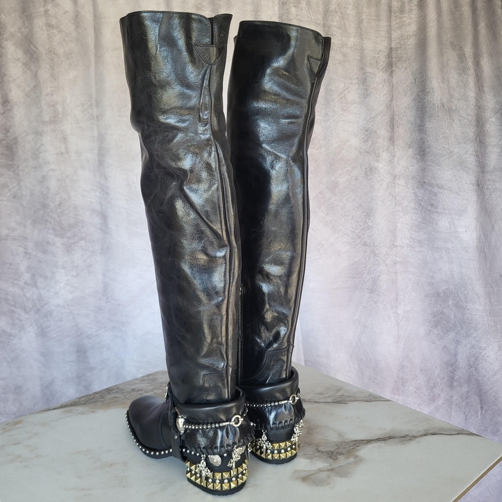 El Vaquero Tatiana Boots Womens Size 6.5 Black Leather Studded Over The Knee - Picture 5 of 16